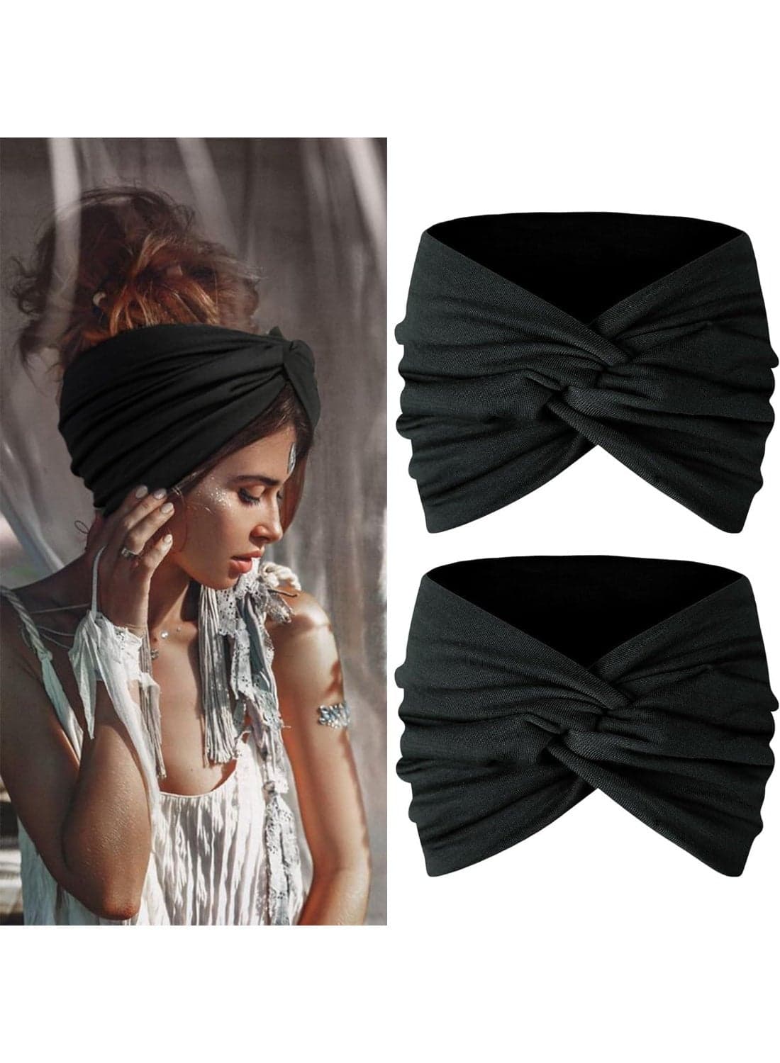 Wide Headbands for Women, 7'' Extra Large Turban Headband Boho Cloth Hairband Twisted Knot Hair Accessories, 2 Pack