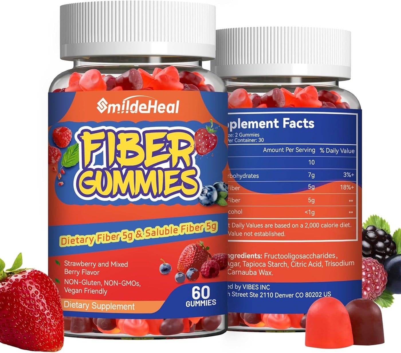 Fiber Gummies Dietary Fiber for Women and Men Gut Health Support NonGMOs NonGluten Vegan Mixed Berry and Strawberry Flavor 120 Count Gummies