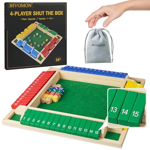 BIVOMON Upgrade Shut The Box Dice Game 14 Player Wooden Board Table Math Games with 16 Dices Classics Tabletop Version Games for Kids Adults Home Classroom Party or Pub 14 Inches