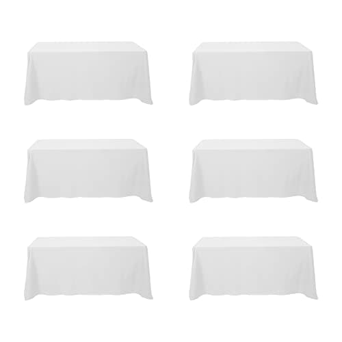 BRILLMAX 6 Pack White Tablecloths 90 x 132 Inch for 6ft Rectangle Tables - 150 GSM Polyester Fabric, Floor Length Drop, Water, Stain & Wrinkle Resistant Cloth Cover for Wedding Reception Banquet
