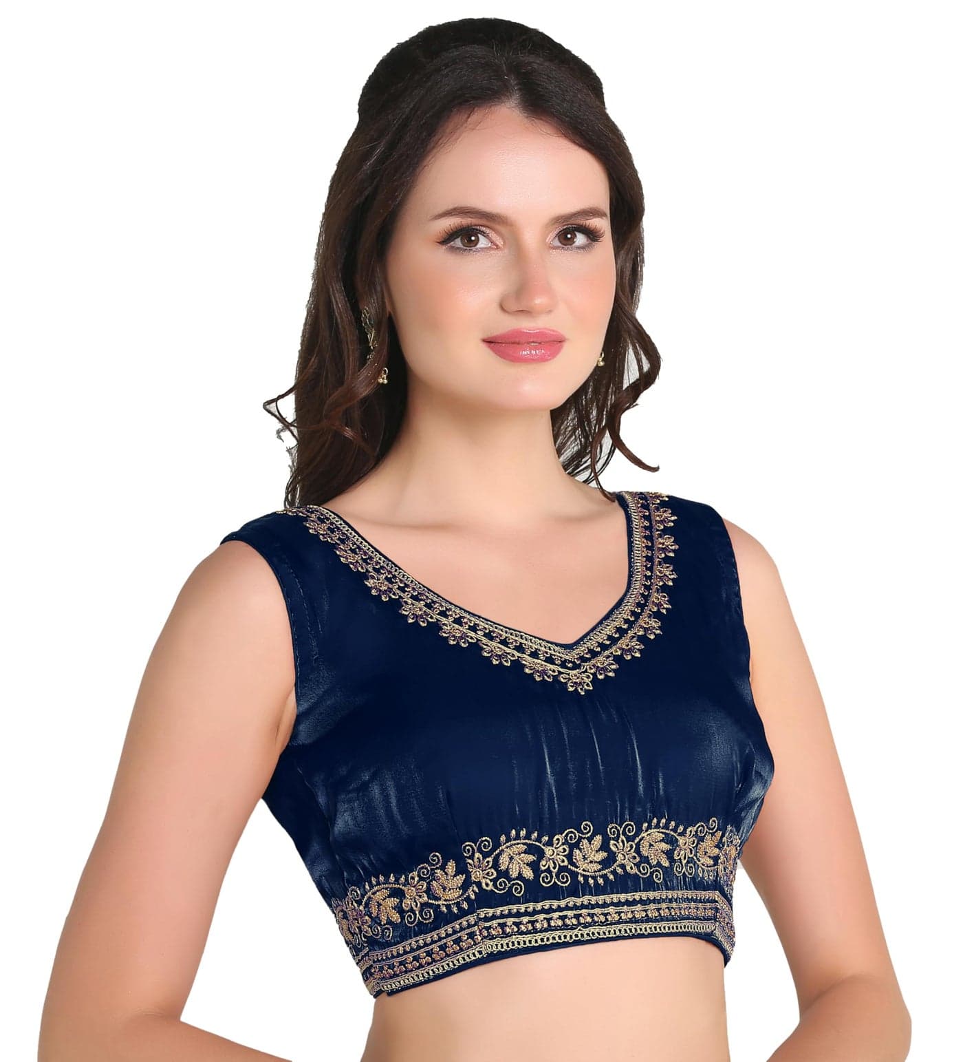 Pujia Mills Heavy Milan Silk Women's Sequin Embroidered V Neck Sleeveless Readymade Saree Blouse Indian Ethnic Designer Saree Sleeveless Blouse for Women (Morpeach, 34)