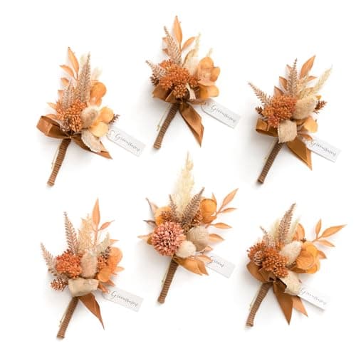 Ling's moment Boutonniere for Men, 6pcs Groom Groomsmen Boutonniere, Artificial Flowers for Wedding Decor/Prom/Homecoming, etc.Rust Boho Terracotta