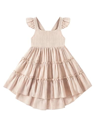 Arshiner Toddler Beige Dress for Girls Ruffle Sleeveless High-Low Hem Smocked Dresses Summer Beach Butterfly Sundress 2t