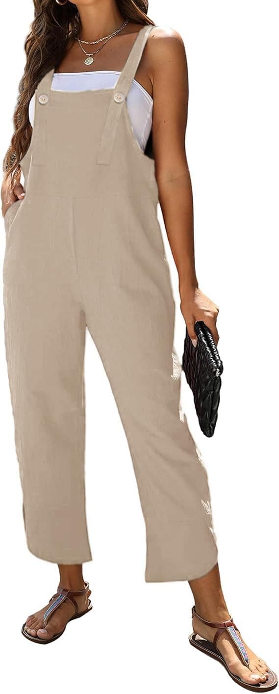 AMEBELLE Womens Sleeveless Cotton Linen Overalls Rompers Baggy Wide Leg Jumpsuits1450ApricotL
