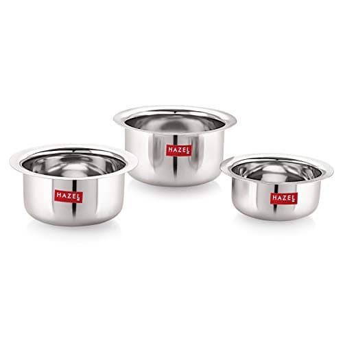 HAZEL Small Utensils Set for Kitchen | Set of 3 (300 ml, 500 ml & 800 ml) Small | Stainless Steel Mini Tope Set with Round Bottom | Boiling Vessels, Multipurpose Steel Bhagona