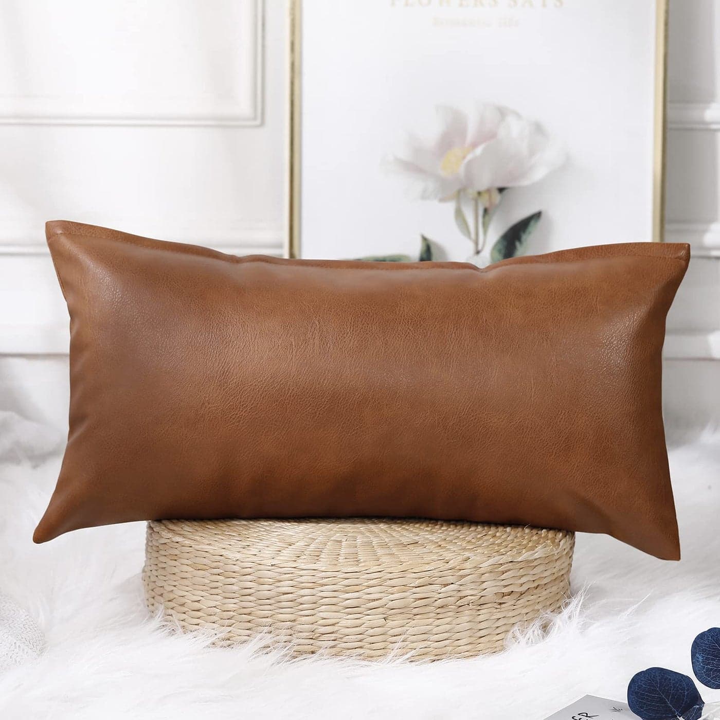 PANOD Decorative Lumbar Throw Pillow Covers 12 x 24Premium Faux Leather Long Pillow Covers Cushion Case for Farmhouse Sofa Couch Bed LivingroomModern BohoVegan Brown