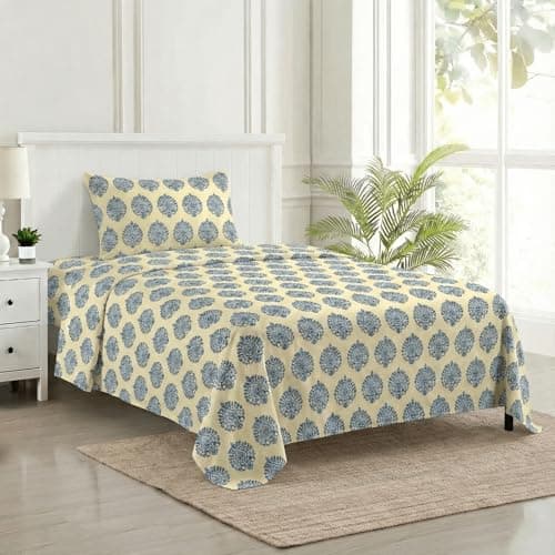 Trance Home Linen 200 TC | 100% Cotton Printed Single Flat Bedsheet with 1 Pillow Cover | Rotary Anti Fade Printed Bedsheet for Single Bed(60x100 inch | 5ft x 8.3ft - Damask Blue)