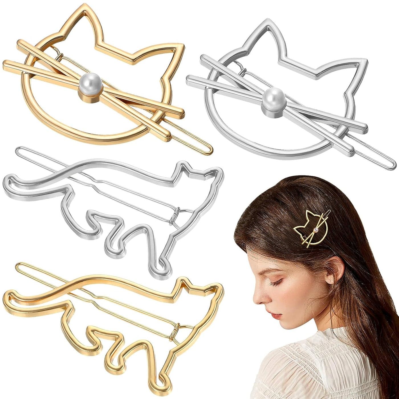 FRCOLOR Cat Hair Clip 4 Pieces Metal Novelty Pearl Cat Shaped Hair Clips Cute Small Cat Barrettes Hairpins for Women Girls