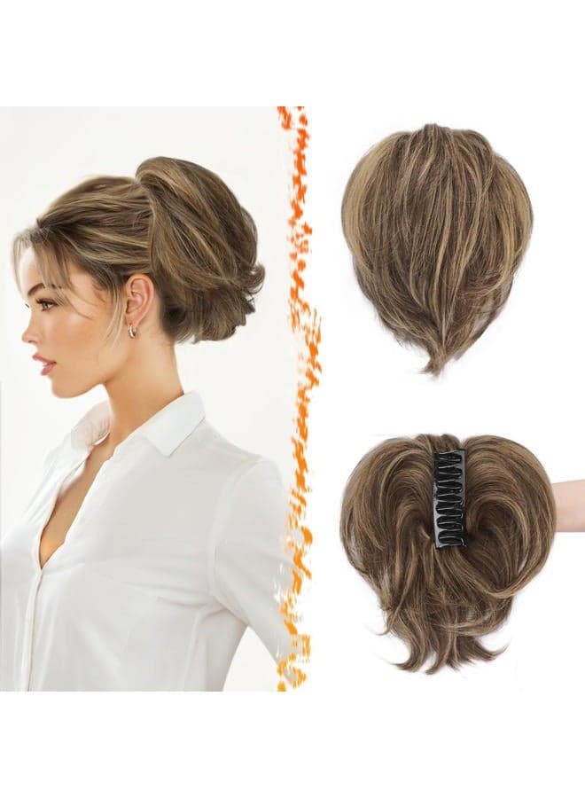 Short Hairpiece with Claws Clips and Flexible Wires, DIY 20 cm Real Human Hair Medium Brown Blonde Messy Bun Ponytail Hairpieces for Women Thick Natural Real Hair Ponytail