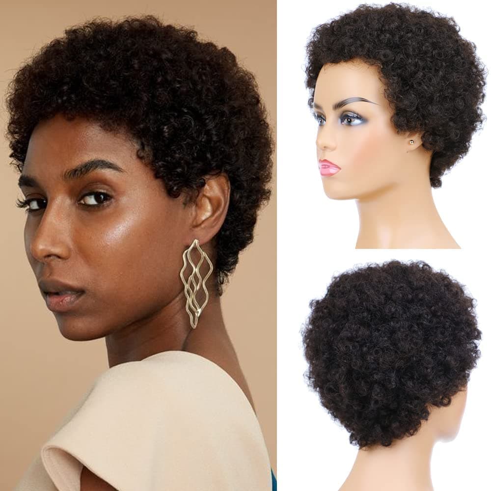 Afro Kinky Curly Human Hair Short Wigs for Women Full and Fluffy Machine Made Wig Human Hair Pixie Cut Natural Looking Glueless Hair Replacement Wig Black Color Afro