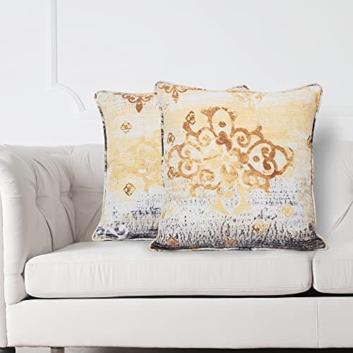 Swayam Set of 2 Ethnic Motifs Cotton Yellow Cushion Cover | 20 x 20 Inch | Soft Breathable Fabric with Hidden Zipper | Decorative & Stylish Cushion Covers for Sofa, Living Room, Bedroom & Couch