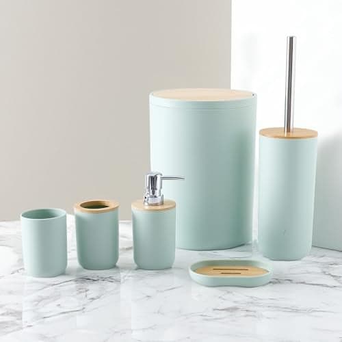 UMAI 6 Piece Bathroom Accessories Set with Round Cover | Soap Dispenser(650ml), Toothbrush Holder, Mouth Wash Cup, Toilet Brush Holder & Dustbin(7L) | Soap Dispenser for Bathroom | Green