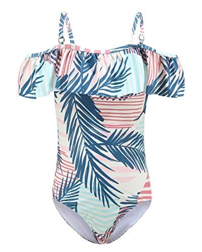 Big Girls One Piece Swimsuits Off Shoulder Ruffle Swimwear Floral Bathing Suit Size 14/12-14