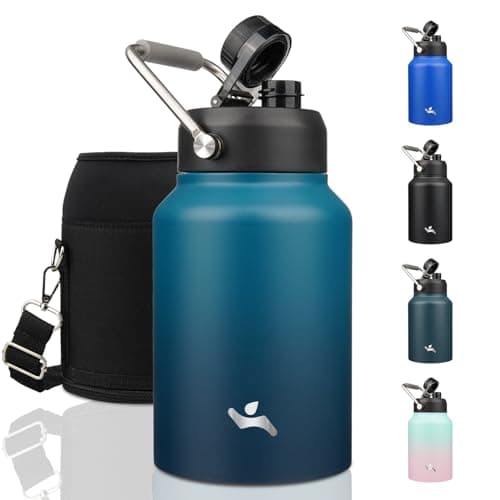 Konokyo Half Gallon Jug with Handle,64 oz Insulated Water Bottle with Carrying Pouch,Double Wall Vacuum Stainless Steel Metal Bottle,Indigo Black