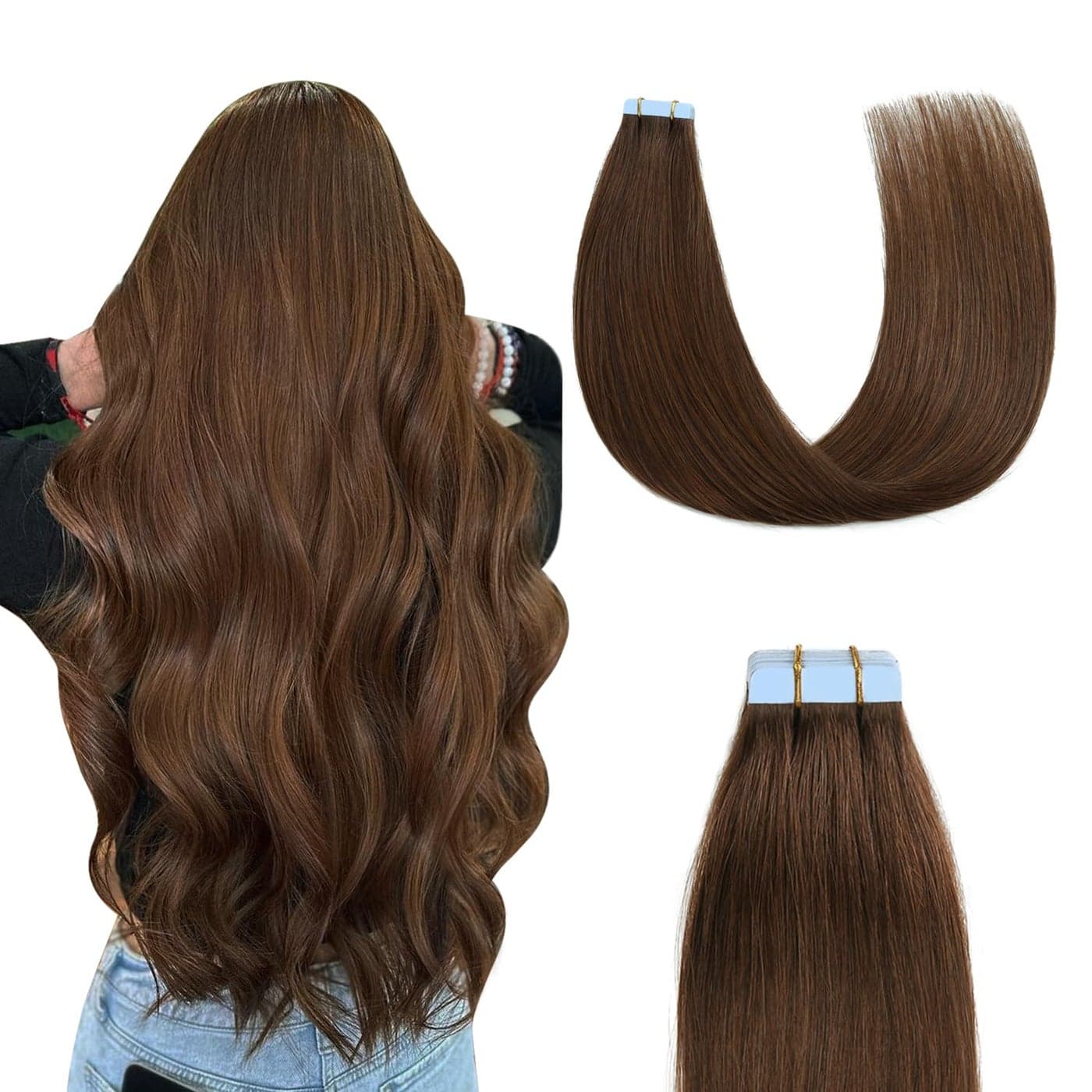 Sunya Tape in Hair Extensions Human Hair 20 inches Silky Straight Remy Human Hair Seamless Skin Weft Tape in Extensions 20 inches 4 Chocolate Brown 50 Gram 20PcsPack Thick Hair