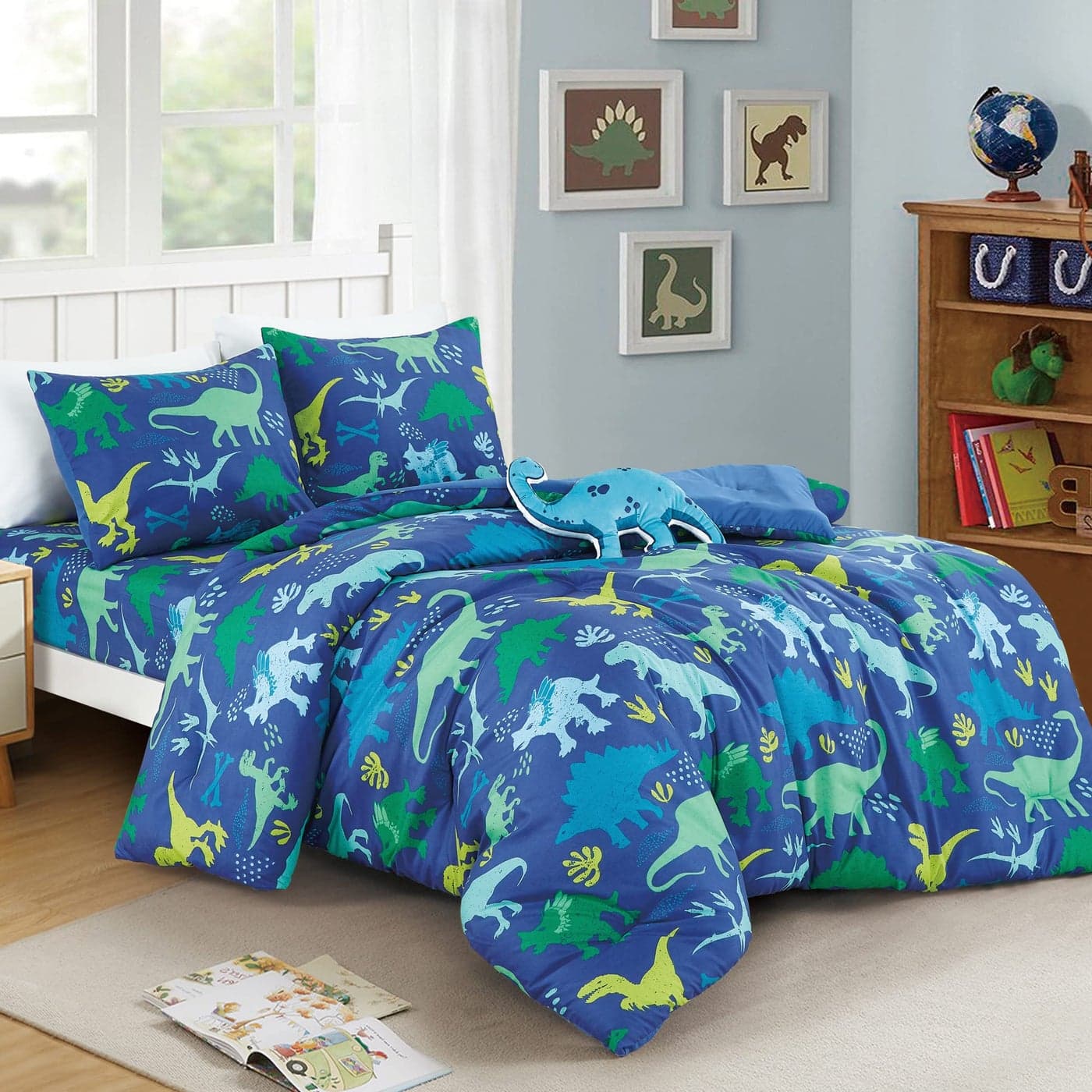 Blue Dinosaurs Print Comforter Set for Boys Girls teen Twin size bedding for kids bedroom include comforter fitted sheet pillow sham and Dinosaur Pillow Blue Dinosaurs Twin