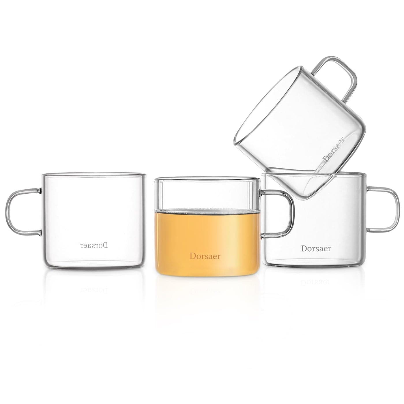 Dorsaer 5oz Modern Glass Coffee Tea Cups Set of 4 Clear Espresso Cups with Handle 150ml Nespresso Compatible Perfect for Tea Lovers Small Glass Mugs for Espresso Milk Juice