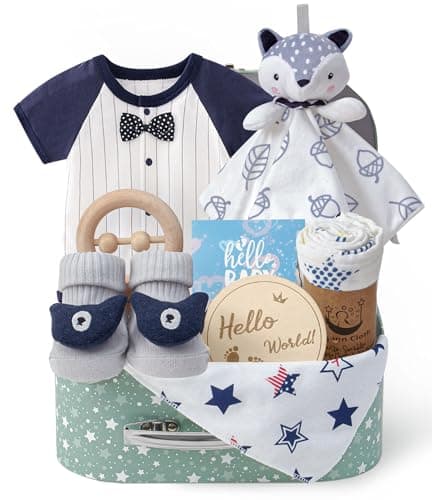 Golray Baby Boy Gifts for Baby Shower 9pcs Newborn Essential with Fox LoveyBlanketOnesieWooden RattleSocksBibSuitcase Welcome Baby Gift Box Gender Reveal Infant Boy Gift Basket Set 06 Month