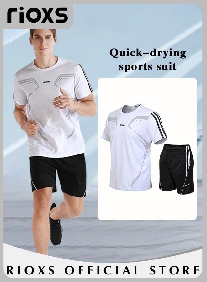 Men's 2Pcs Sports Suit, Summer Casual White and Black Outfits, Quick-Drying Short-Sleeve T-Shirt and Loose Short for Boyfriend, Husband, Breathable Round Neck and Comfortable Cuffs for Outdoor Casual Wear, Exercising, Climbing