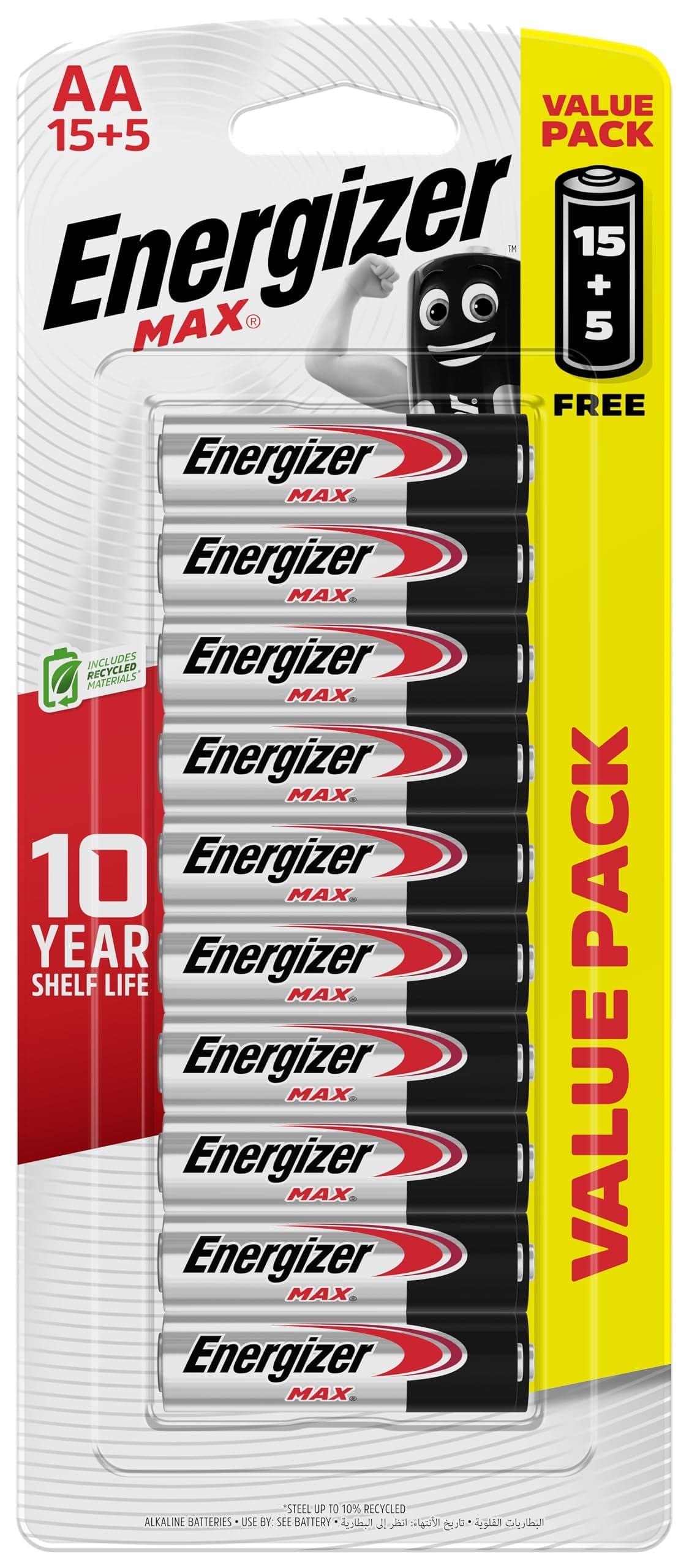 Energizer Max AA Alkaline Batteries 1.5V - Long-Lasting Power, Leak-Proof Design, 15+5 Bonus Pack (20 Total)
