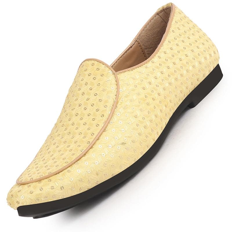 FAUSTO FST KI-3642E YELLOW-42 Men Yellow Embroidery Sequin Ethnic Slip On Round Toe Juttis and Mojaris for Wedding|Festive Party Slip-On|Traditional Sherwani Shoes (8 UK)