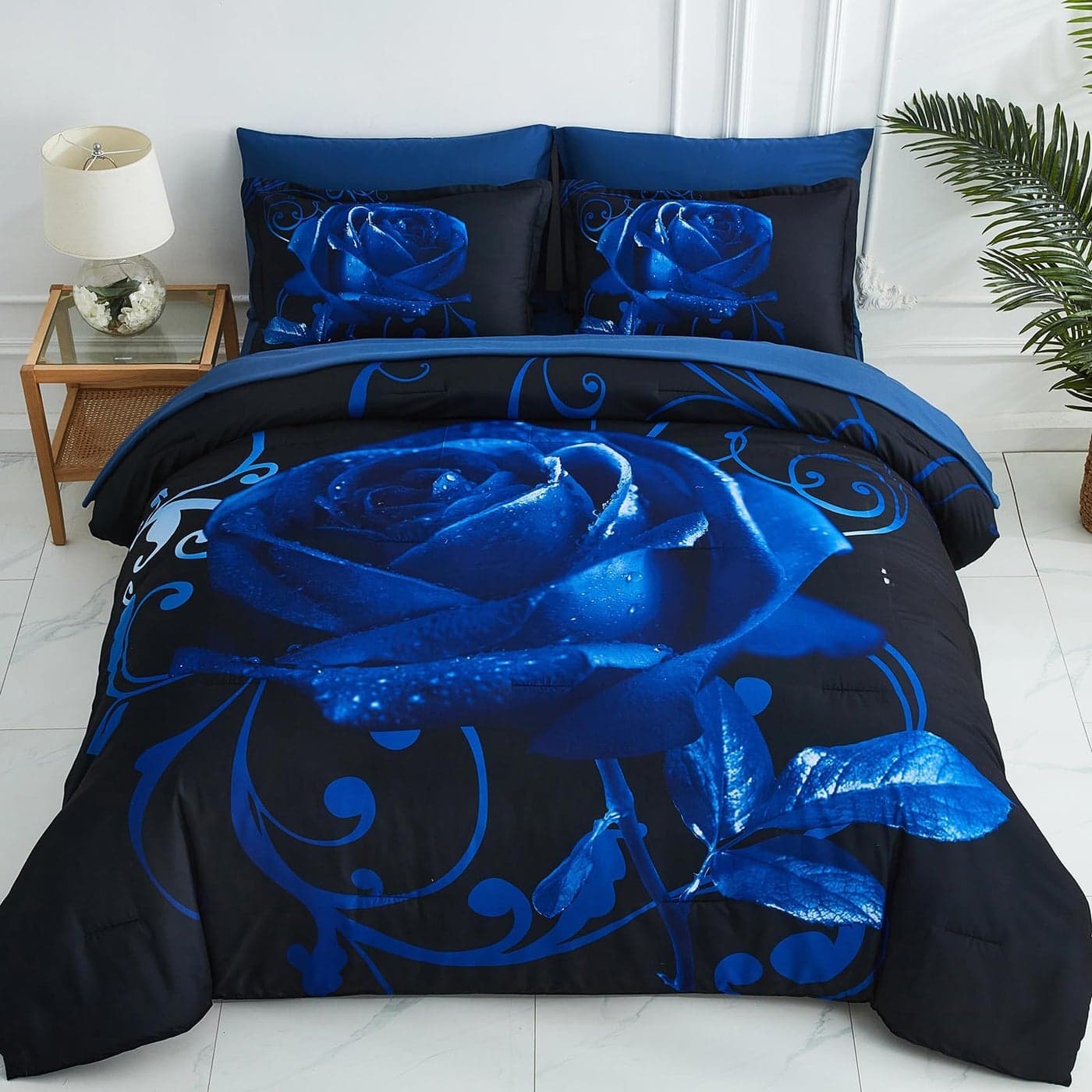 Blue Comforter Set Queen 7 Piece Bed in a Bag Blue Rose Comforter with Sheet Set Soft Micorfiber Reversible Bedding Set 1 Comforter2 Pillow Shams1 Flat Sheet1 Fitted Sheet2 Pillowcases