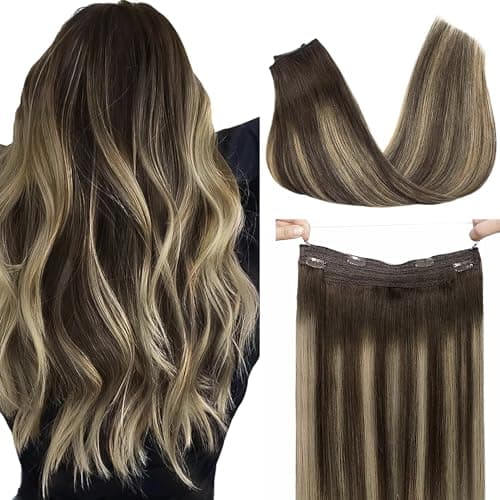 GOO GOO Wire Hair Extensions Human Hair 4264 Chocolate Brown with Honey Blonde Balayage 20inch 110g Invisible Wire Hair Extensions with Transparent Seamless Fish Line Hairpiece