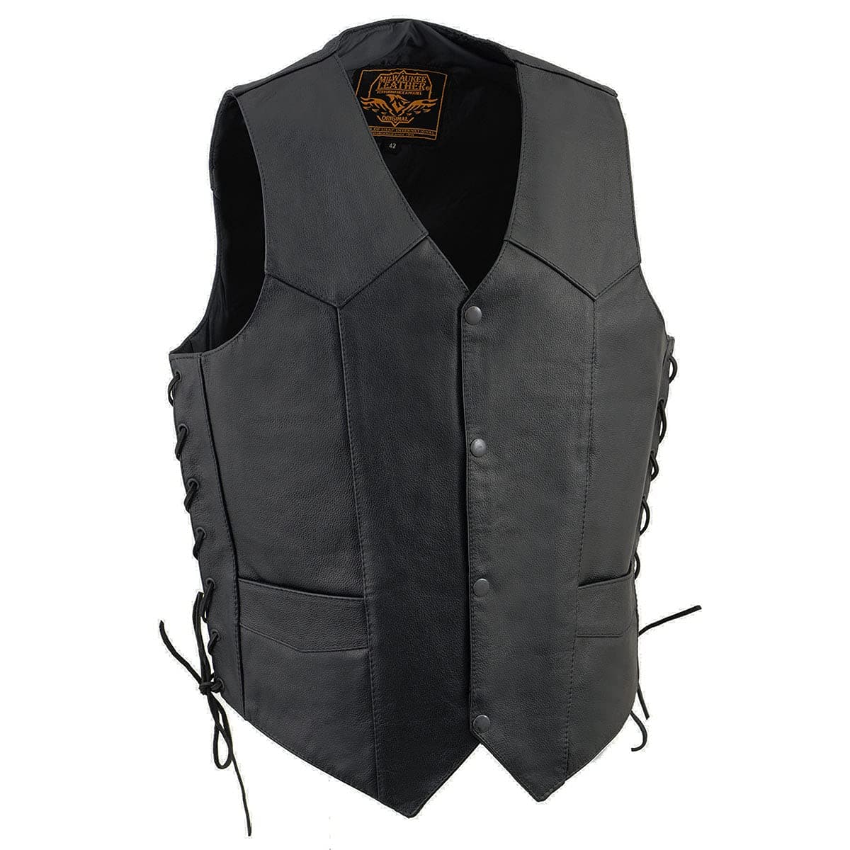 Milwaukee Leather SH1315 Mens Black Leather Classic VNeck Side Lace Motorcycle Rider Vest wFront Snap Closure 36