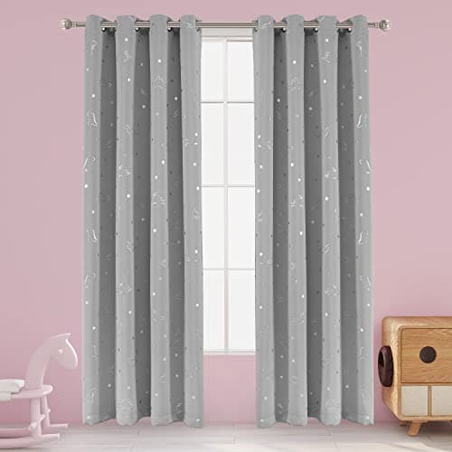 LORDTEX Dinosaur and Star Foil Print Blackout Curtains for Kids Room Thermal Insulated Curtains Noise Reducing Window Drapes for Boys and Girls Bedroom 52 x 84 Inch Light Grey Set of 2 Panels