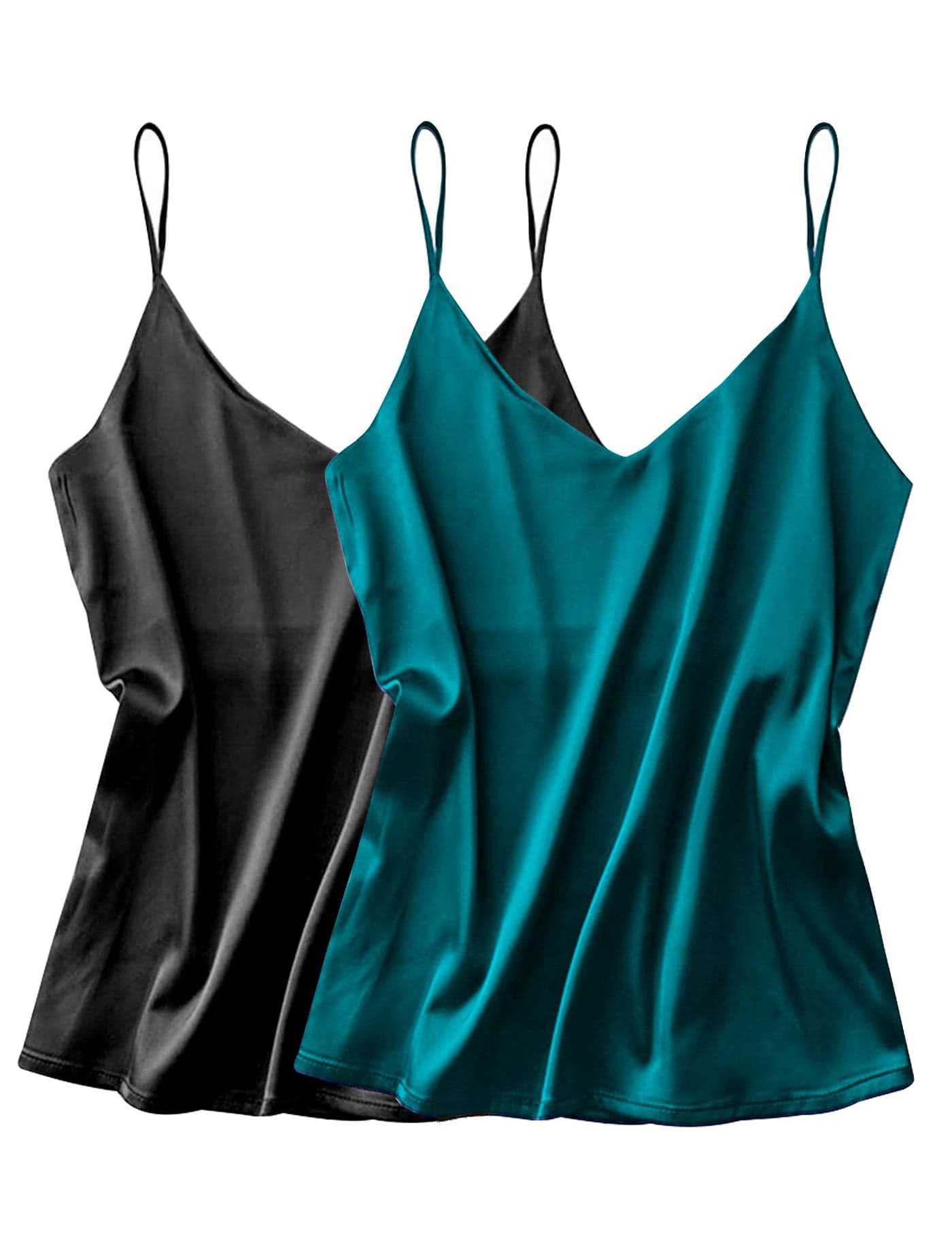 Ekouaer Satin Tank Tops for Women Silk Camisole Tops 2 Pack V Neck Spaghetti Strap Blouse Soft Dressy Shirt Black/Drak Green Medium