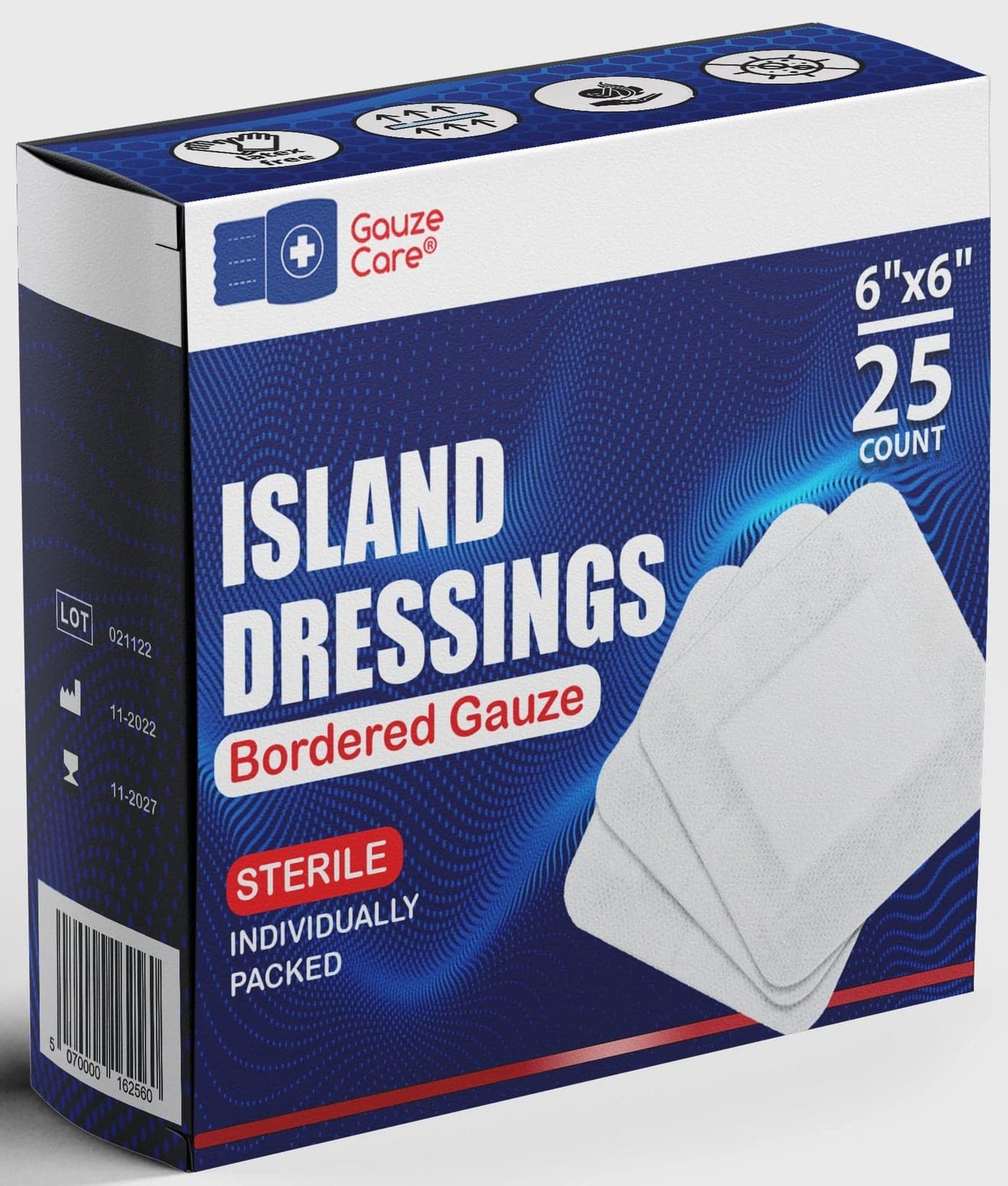 GauzeCare Island Dressing 6x6 inch 25 Pcs Individually Packed Sterile Bordered Dressing 4x4 NonStick Pad in Center with Acrylic Adhesive Borders WaterResistant Adhesive Pads for Wound Care