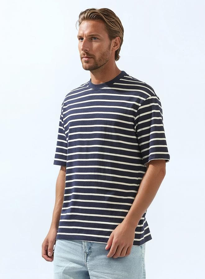 Men's Multicolour 100% Cotton Striped Relaxed T-Shirt