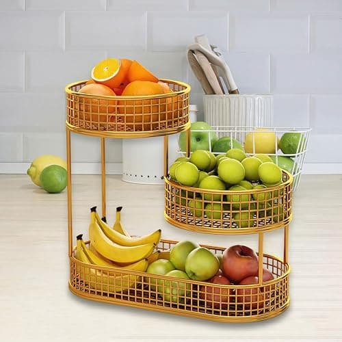 AMASS HANDICRAFTS 3-Tier Fruit and Vegetable Organizer – Multipurpose Metal Storage Basket for Home & Kitchen – Modern Fruits & Vegetables Rack for Countertop & Dining Room Organization (Gold)