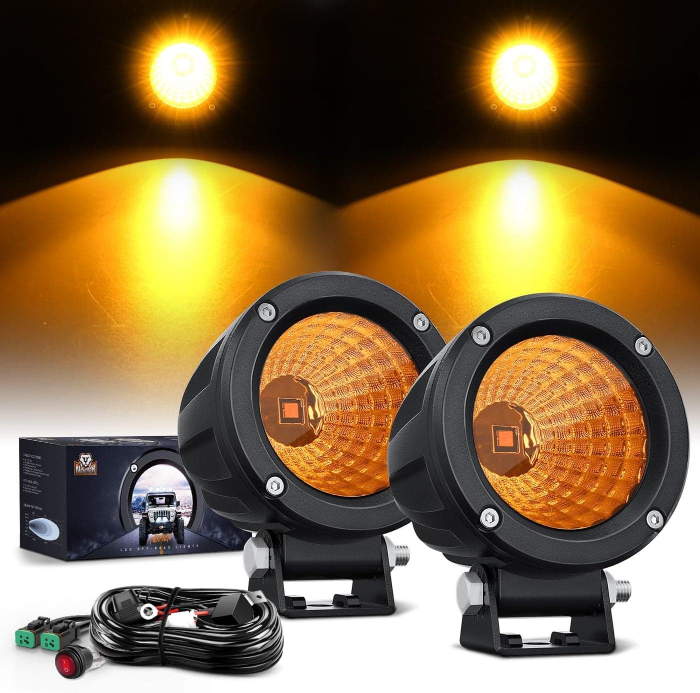 Nilight Amber LED Light Pods - 2 PCS 3" Flood Round Offroad Driving Auxiliary Fog Lights with Wiring Harness Kit