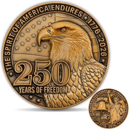 USA 250th Anniversary Challenge Coin GoldTone Bald Eagle Liberty Design 17762026 250 Years of Freedom Collectible Coin Heavyweight Zinc Alloy with Clear Acrylic Case