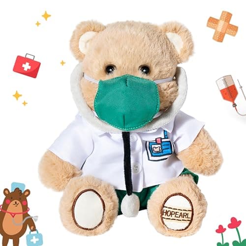 Hopearl Professional Dr Bear Stuffed Animal Toy with Detachable Doctor Suit Uniform White Coat Stethoscope and Mask Medical Plush Toy Bear Gifts for Kids Boys Girls 10
