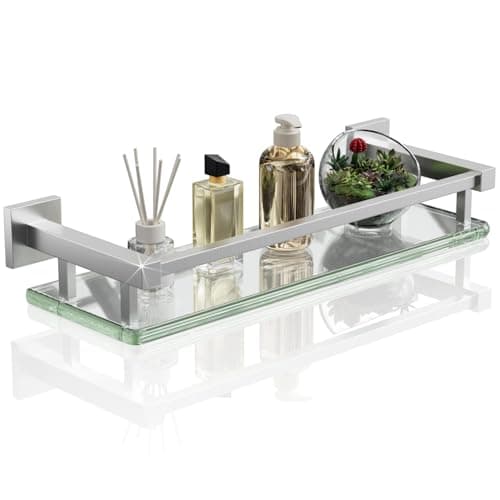 Alise Bathroom Glass Shelf with Stainless Steel Railing, Brushed Nickel Small Tempered Glass Floating Wall Shelf Over The Toilet, 16 inch