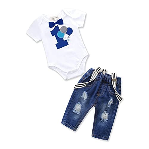 Pinleck Toddler Baby Boy Birthday Clothes Set Birthday Photo Outfit Bowtie Romper Suspenders Ripped Denim Pants Party Outfits