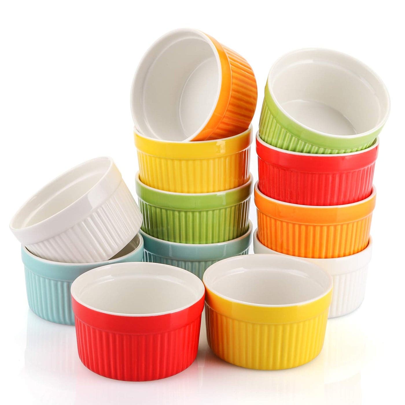 Foraineam 12 Pack 6 oz Ramekins Bakeware 6 Colors Porcelain Souffle Dishes Dessert Custard Baking Cups for Souffle Creme Brulee and Ice Cream