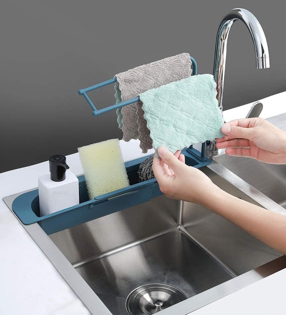Simplyhut Drainer Sink TrayAdjustable Plastic Sink Drainer Tray with Sponge Soap Holder Expandable Kitchen Drying Basket Shelf Brush Soap Drainer Rack Space Saving Organizer RackColor May Vary