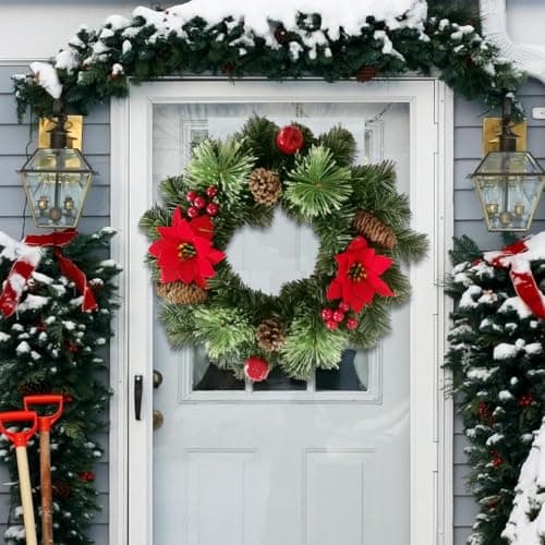 HASTHIP® Christmas Wreath for Front Door Christmas Decorations Wreaths with Red Poinsettia, Pine Cones, Pine Branches, Berry Clusters Hanging Christmas Ornaments for Door, Home Decor, Wall, 16 Inches