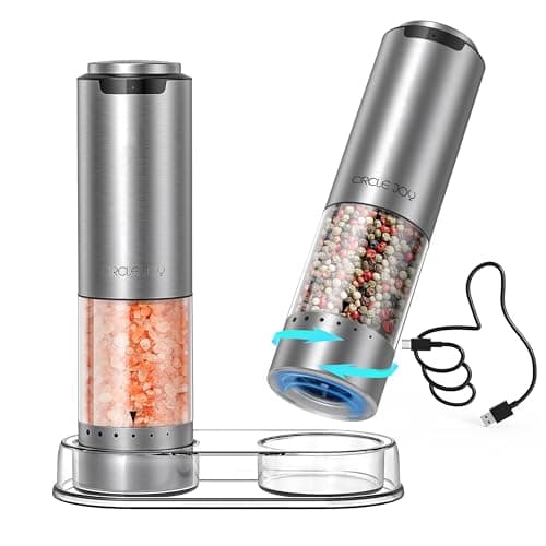 CIRCLE JOY Rechargeable Electric Salt and Pepper Grinder Set with Base, Stainless Steel Pepper Mills with 95ml Container, White LED Light and External Adjustable Coarseness, Silver