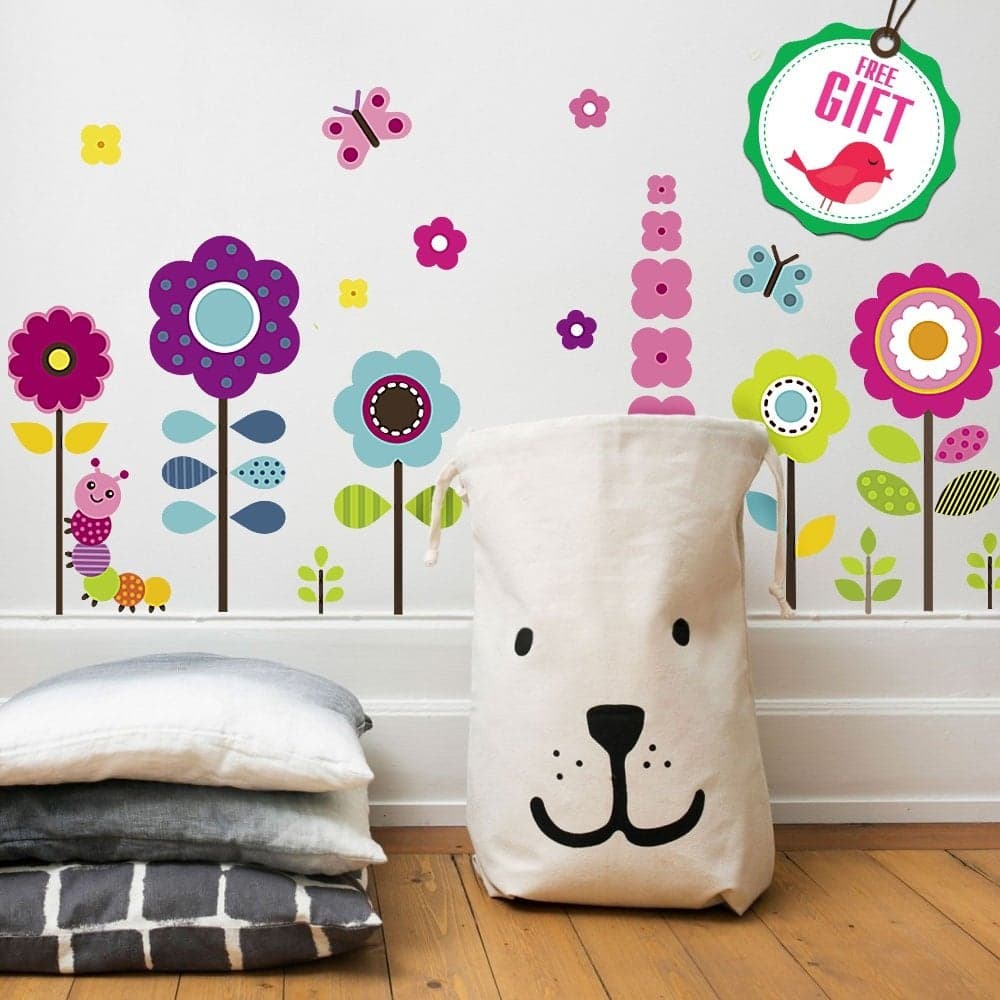Flower Wall Stickers for Kids Floral Garden Wall Decals for Girls Room Removable Toddlers Bedroom Vinyl Nursery Wall Dcor 27 Art clings with Free Bird Gift