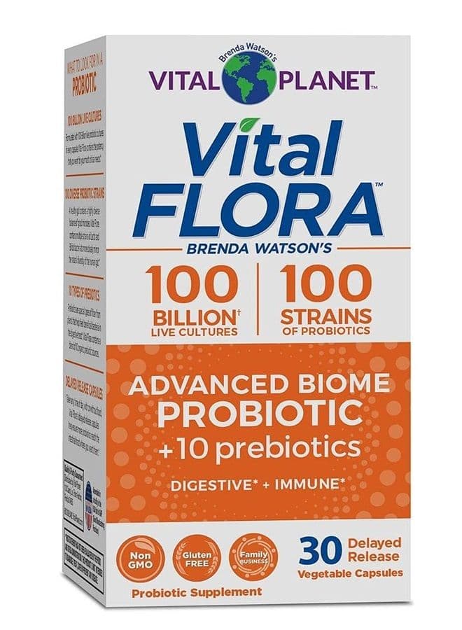 Vital Flora Advanced Probiotic 100 Billion Strains and Cultures, Digestive Support Probiotics for Women and Men with Organic Prebiotics 30 Capsules