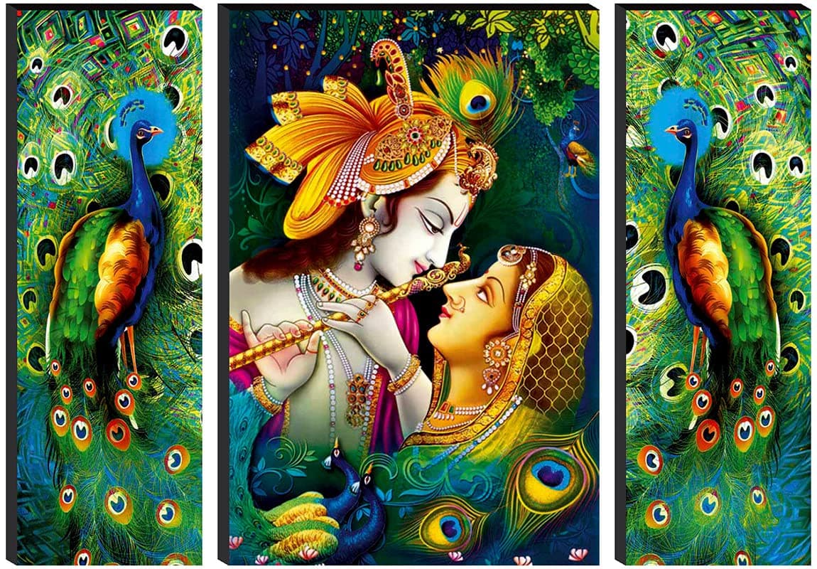 SAF paintings Set of 3 Radha Krishna 6MM MDF self addeshive UV Coated Home Decorative Religious Gift Item 24 inch x 18 inch Painting SANFWF01, Multicolour, Standard
