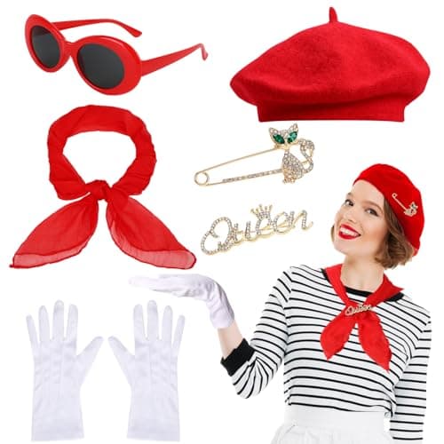 XEPST 6PCS French Women set - 50s Fancy Dress for Women with French Beret Sunglasses Scarf Gloves French Artist Mime Kit for Women Girls Halloween Costumes Cosplay Carnival Fancy Dress Up, Red, MT214