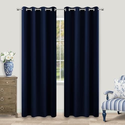 KOUFALL Navy Blue Drapes 96 Inch Long 2 Panels Window Treatments CurtainsBlackout Grommet Room Darkening Thermal Microfiber Silk Curtains for Living RoomDark Indigo