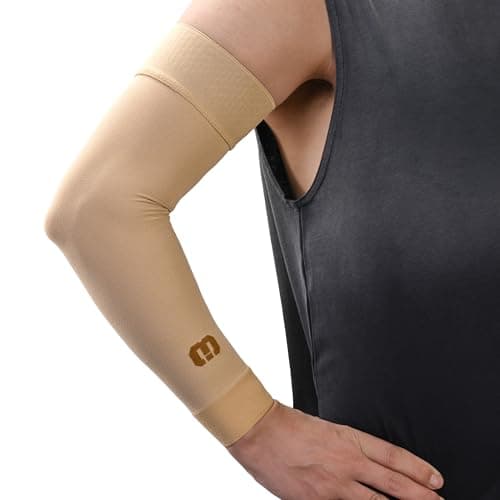 MGANG Lymphedema Compression Arm Sleeve for Women Men, Opaque, 15-20 mmHg Compression Full Arm Support with Silicone Band, Relieve Swelling, Edema, Post Surgery Recovery, Single Beige M