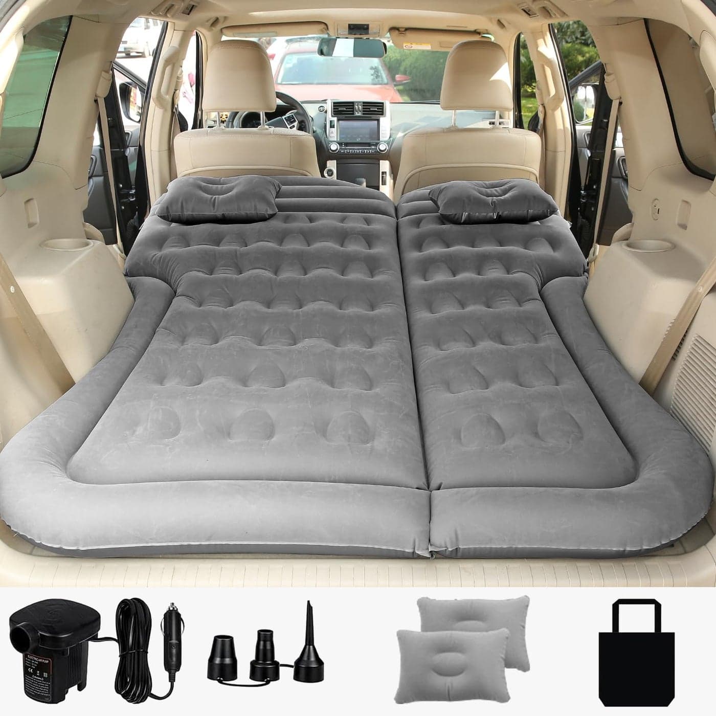 SAYGOGO SUV Air Mattress Camping Bed Cushion Pillow Inflatable Thickened Car Air Bed with Air Pump Portable Sleeping Pad Mattress for Home Car Travel Camping Upgraded Version Grey