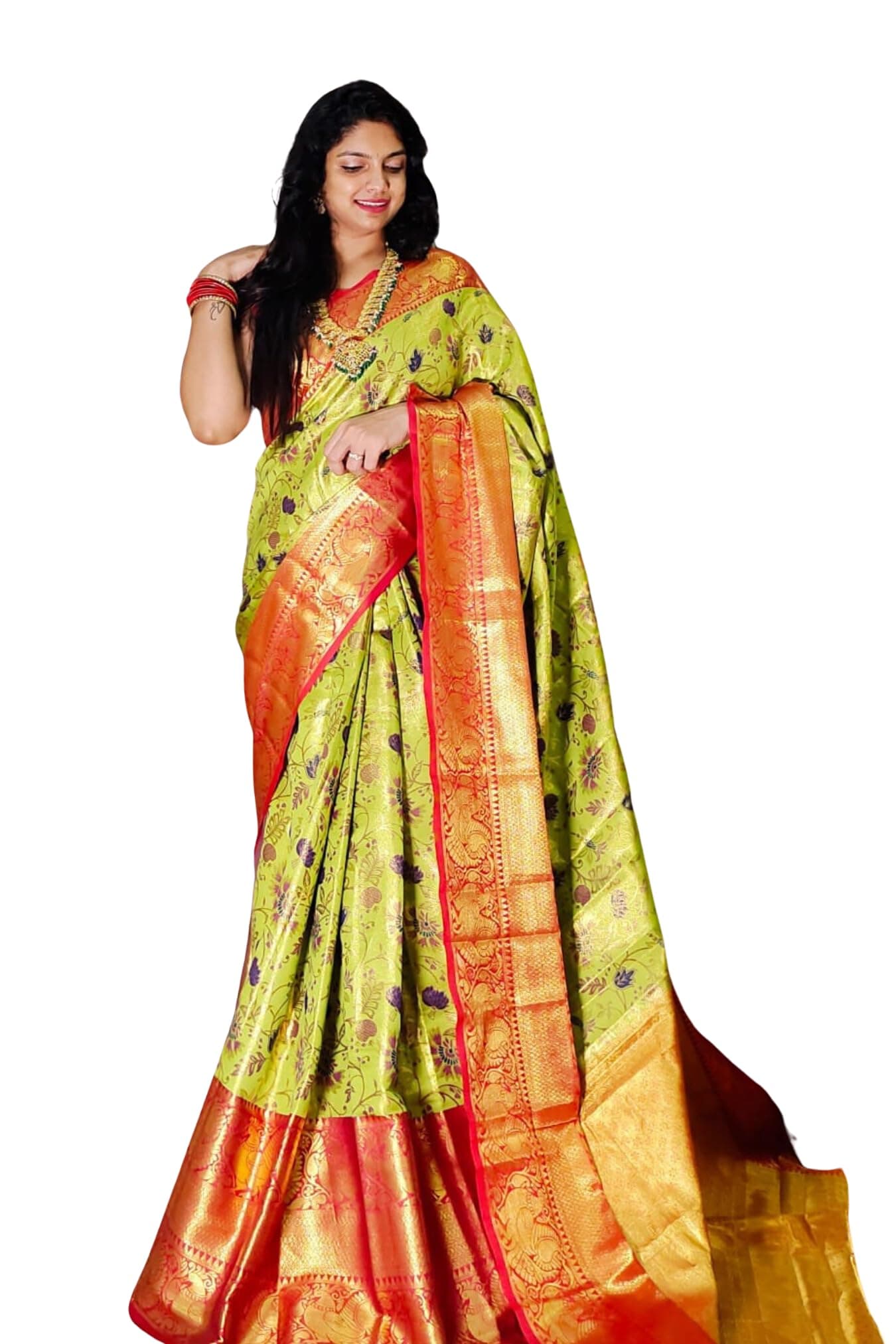 SGF11- Women's Kanjivaram Pure Soft Silk Handloom Saree Pure Golden Zari With Blouse Piece (light Green Red)
